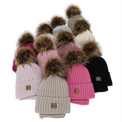 Kislány téli sapka és nyakmelegítő szett, bézs, polár béléssel, merinó gyapjúval, Bellina