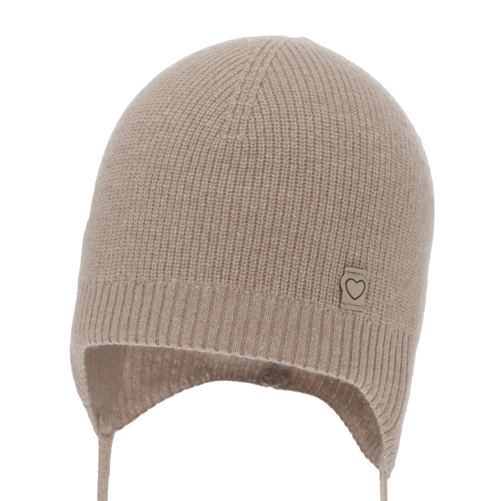 Kislány őszi-tavasz sapka, sötétbézs, merinó gyapjú kašmírral, megkötős, Orida