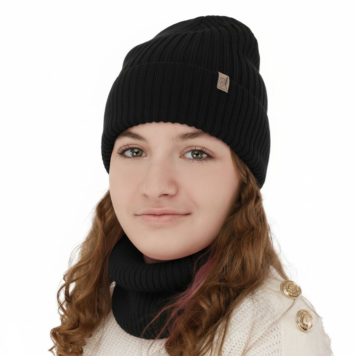 Lányoknak való téli szett: sapka és sál, fekete, 100% merinói gyapjú, Patricia