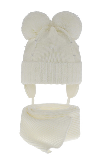 Lány téli szett: két pomponos sapka és krémszínű sál Fibien