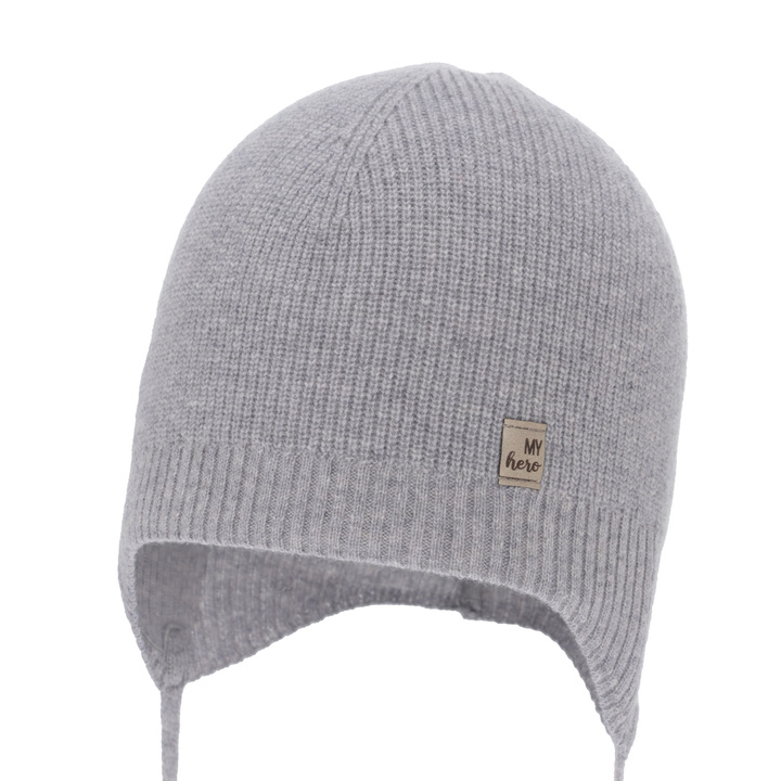 Kisfiú őszi-tavasz sapka, szürke, merinó gyapjúval kaschmírral, megkötős, Tono