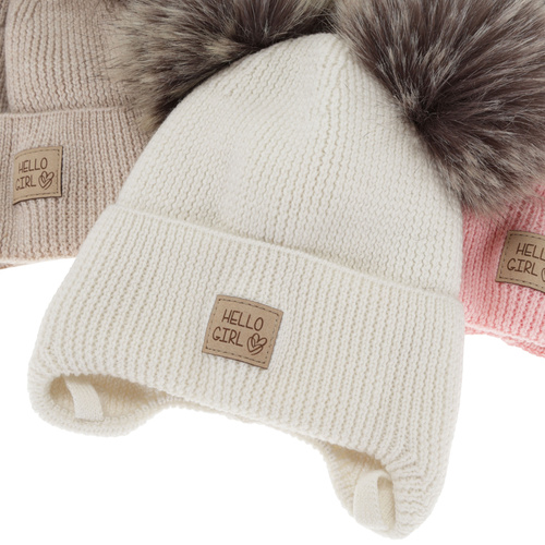 Kislány téli sapka, krémszínű, 100% merinó gyapjú, gyapjú polárral bélelt, megkötős, Trudina