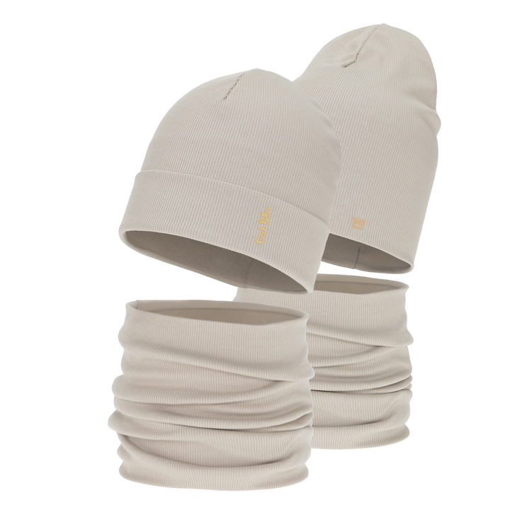 Kislány tavaszi-őszi sapka és nyakmelegítő szett, bézs, pamut, Carina