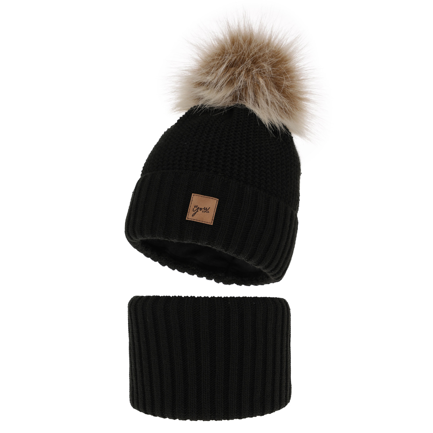 Lányok téli szettje: pomponos sapka és Juliette fekete csősál