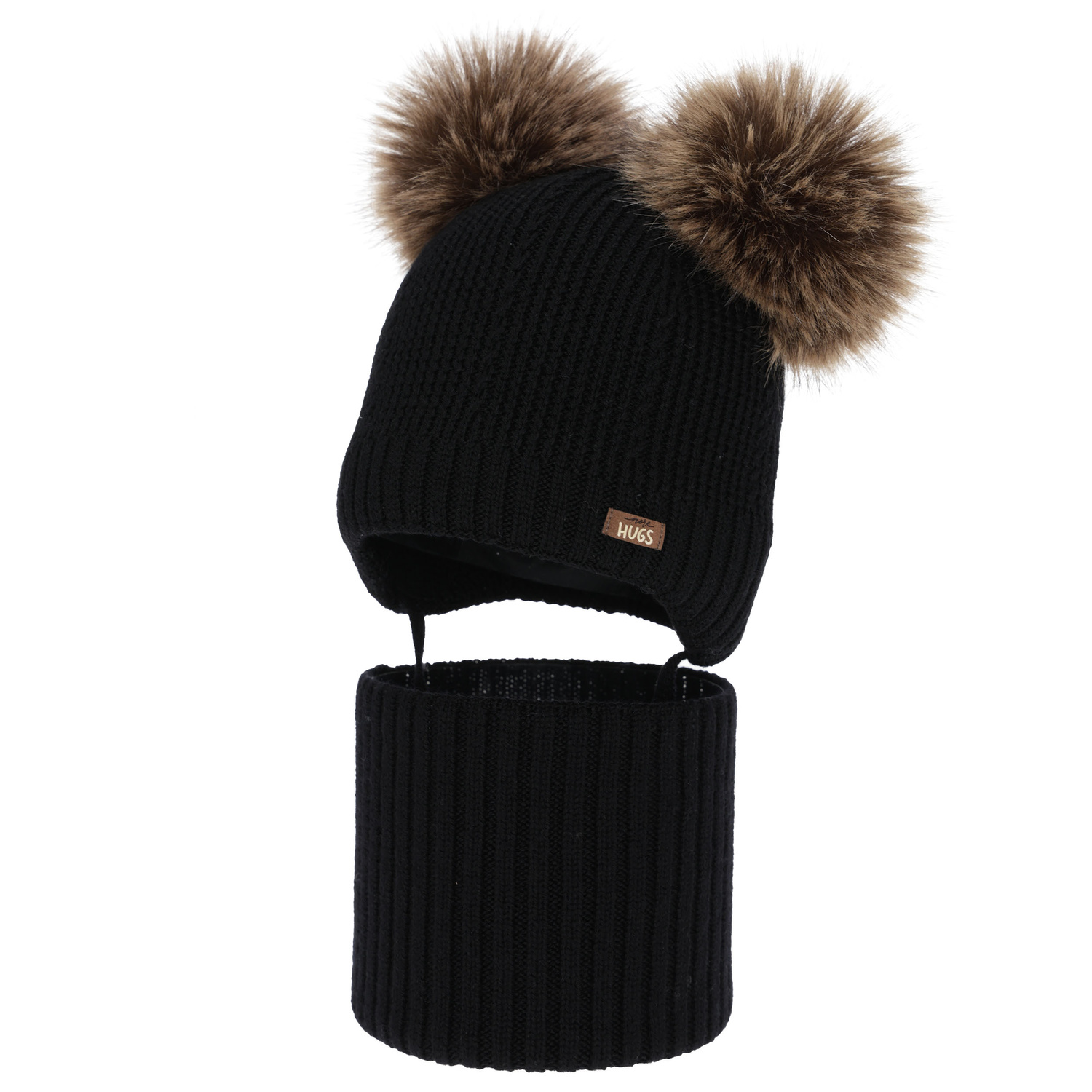 Kisfiú sapka és sál, téli szett, fekete, 100% merinó gyapjú, gyapjú polárral bélelt, Lumio