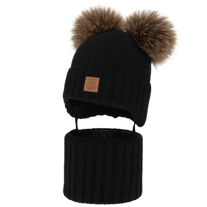 Kisfiú sapka és sál, téli szett, fekete, 100% merinó gyapjú, gyapjú polárral bélelt, Ronik