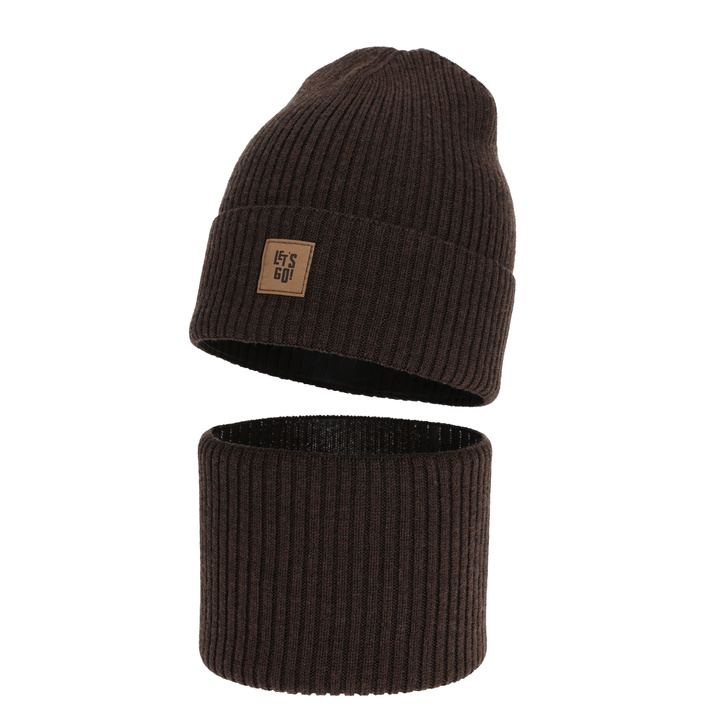 Fiú sapka és kémény, őszi, tavaszi barna szett 100% gyapjú merinó Vanto