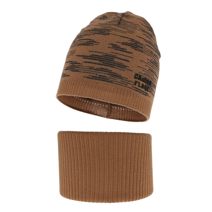 Őszi/tavaszi fiúszett: sapka és sálkendő, pamuttal, barna Carter