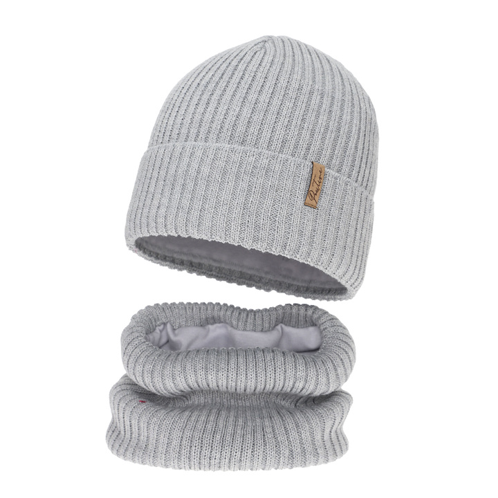 Kislány téli sapka és nyakmelegítő szett, szürke, polárral bélelt, merinó gyapjúval, Odette