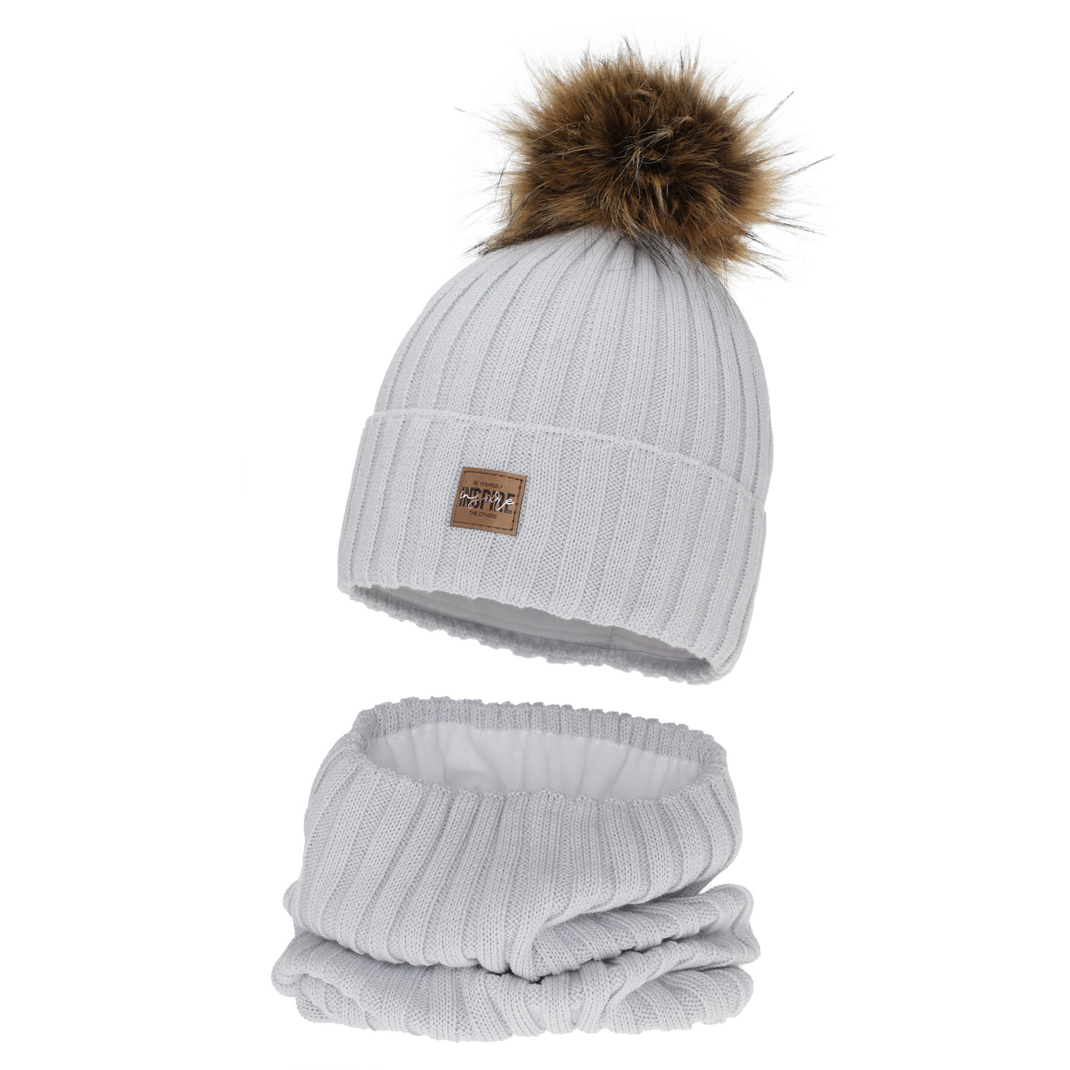 Kislány téli sapka és nyakmelegítő szett, szürke, polárral bélelt, merinó gyapjúval, Bellina