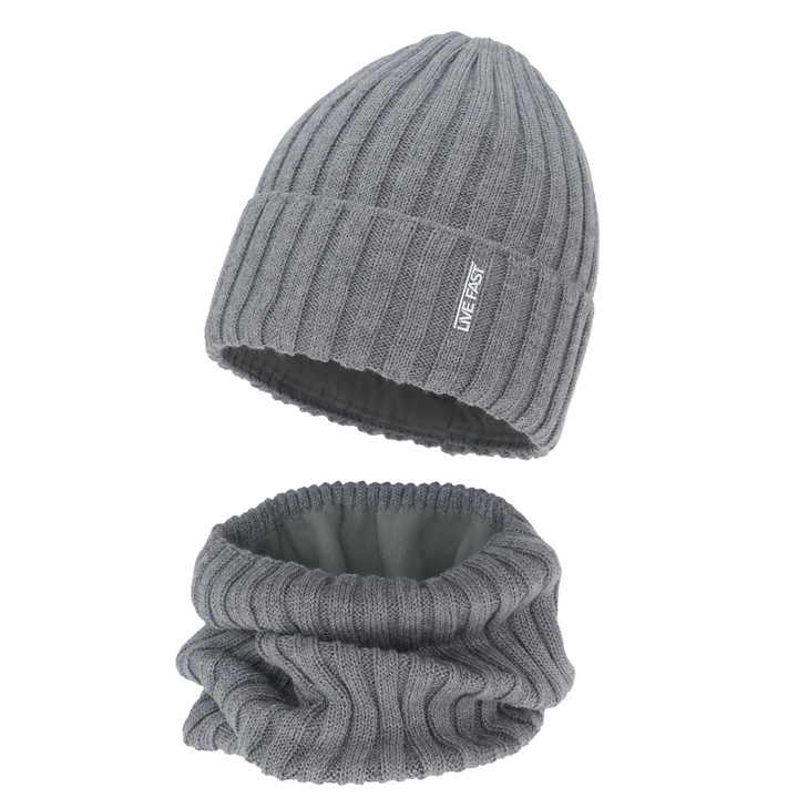 Kisfiú téli sapka és nyakmelegítő szett, bézs, merinó gyapjúval, polárral bélelt, Banasko