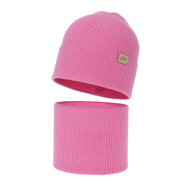 Kislány tavaszi-őszi sapka és nyakmelegítő szett, rózsaszín, 100% merinó gyapjú, Magenta