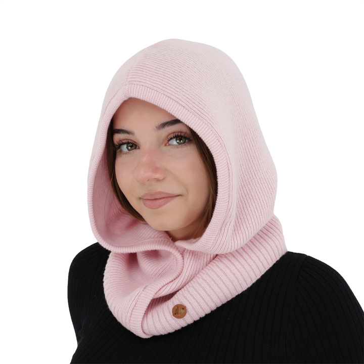 Balaclava őszi, téli, női, világos rózsaszín, merinó gyapjú kasmírral, Kiruna