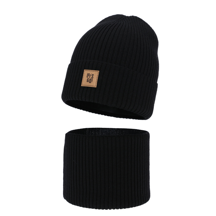 Fiú sapka és kémény, őszi, tavaszi fekete szett 100% gyapjú merinó Vanto