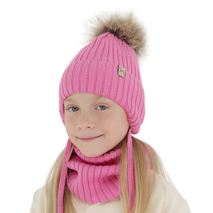 Lányoknak való téli szett: sapka és sál rózsaszín 100% extrafinom merinói gyapjúból Junika
