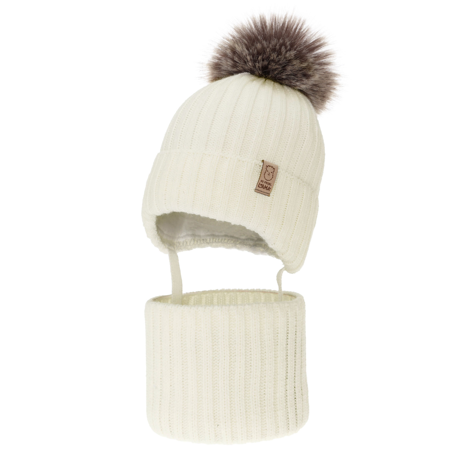 Lányoknak való téli szett: sapka pomponnal és kémény, krémszínű Abigail