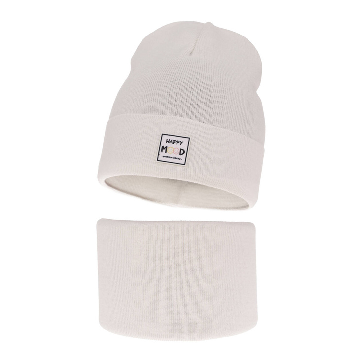 Őszi/tavaszi készlet lányoknak: sapka és nyakmelegítő, pamuttal, fehér Mersila