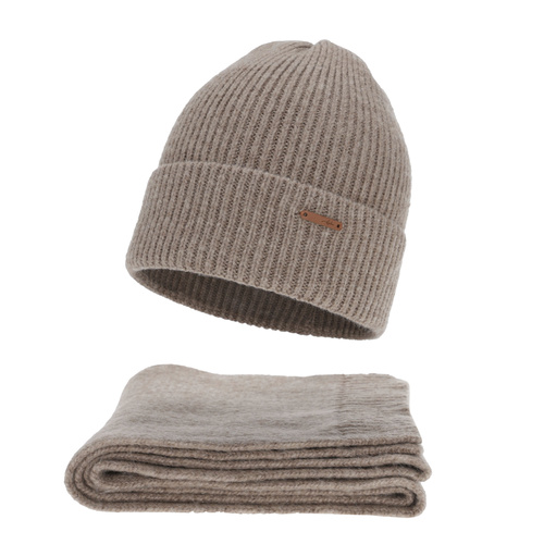 Női téli sapka és sál szett, ciemnobeżowy, merinó gyapjúval, Seala