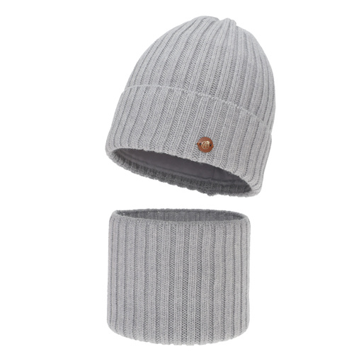 Kislány téli sapka és nyakmelegítő szett, bézs, 100% merinó gyapjú, pamuttal bélelt, Vanira