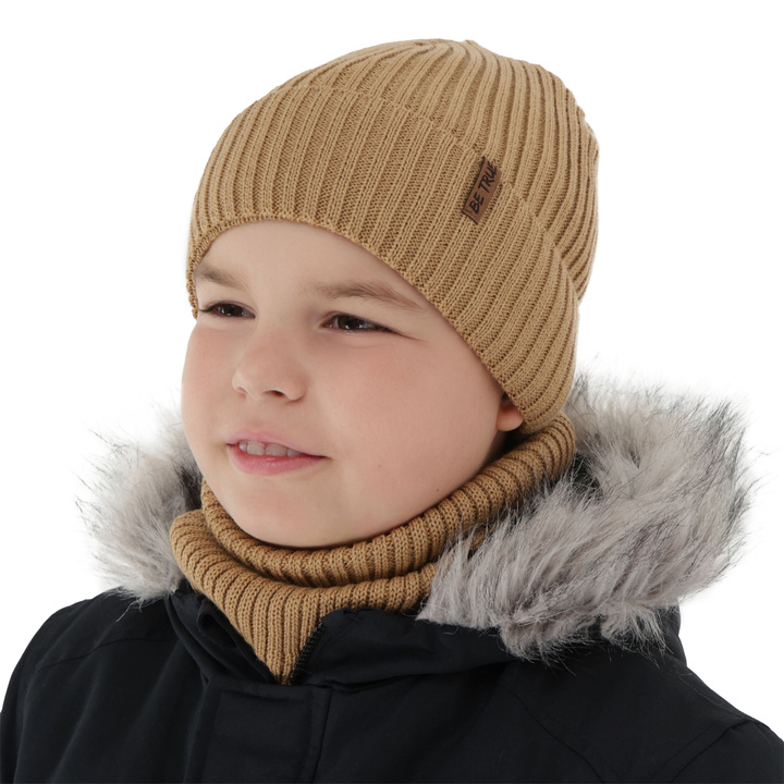 Kisfiú téli sapka és nyakmelegítő szett, teveszín, polárral bélelt, merinó gyapjúval, Colton