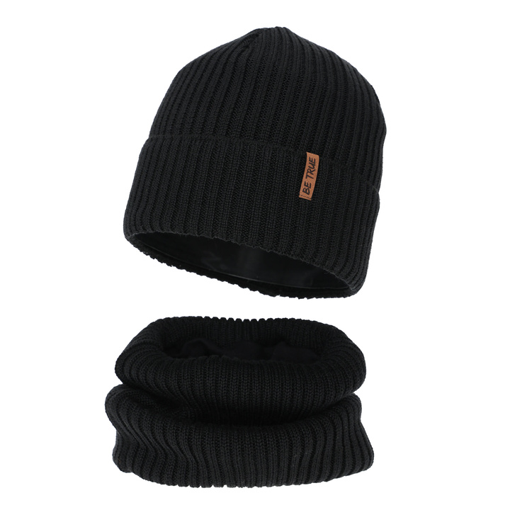 Kisfiú téli sapka és nyakmelegítő szett, fekete, polár béléssel, merinó gyapjúval, Colton
