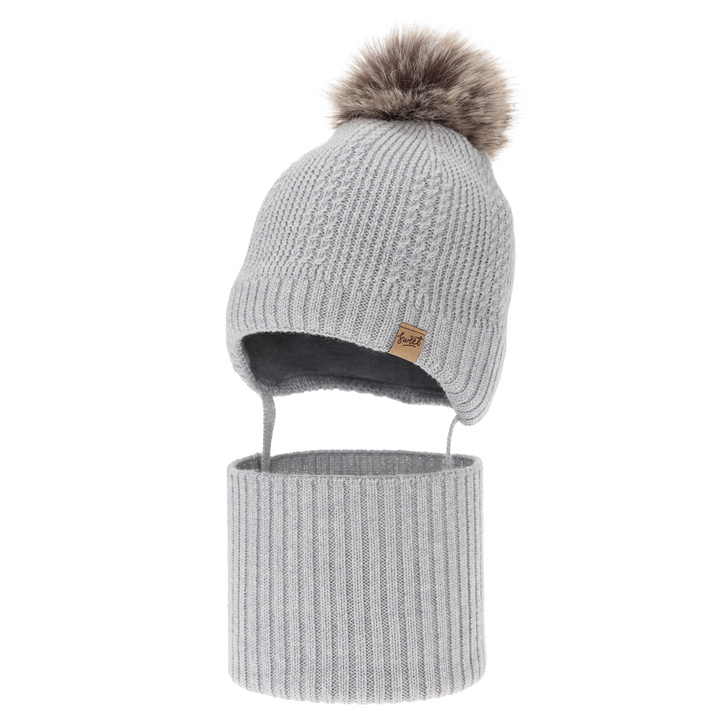 Kisfiú sapka és sál, téli szett, szürke, 100% merinó gyapjú, gyapjú polárral bélelt, kötős Danny