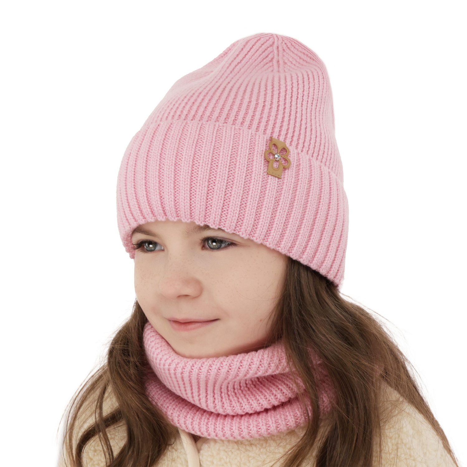 Kalap és kémény lányoknak, téli szett bézs 100% gyapjú extrafine merino Nelita