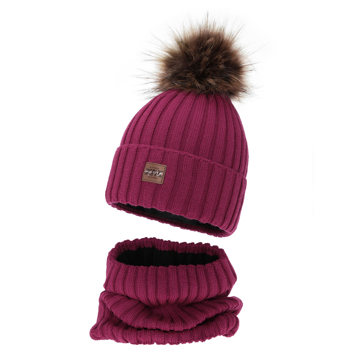 Kislány téli sapka és nyakmelegítő szett, amarant, polár béléssel, merinó gyapjúval, Bellina