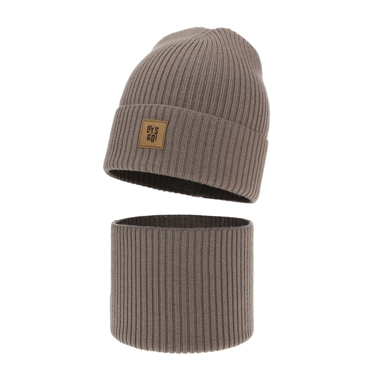 Fiú sapka és kémény, őszi, tavaszi barna szett 100% gyapjú merinó Vanto