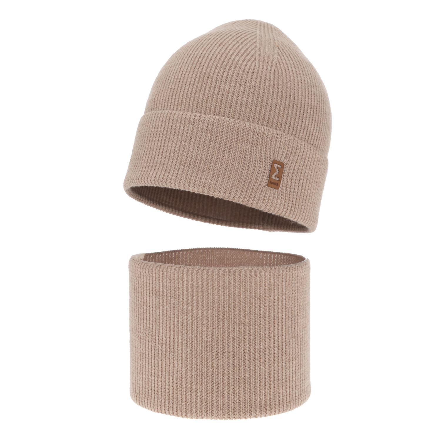 Fiú sapka és kémény, őszi/tavaszi bézs szett 100% gyapjú extrafine merinó Bruce