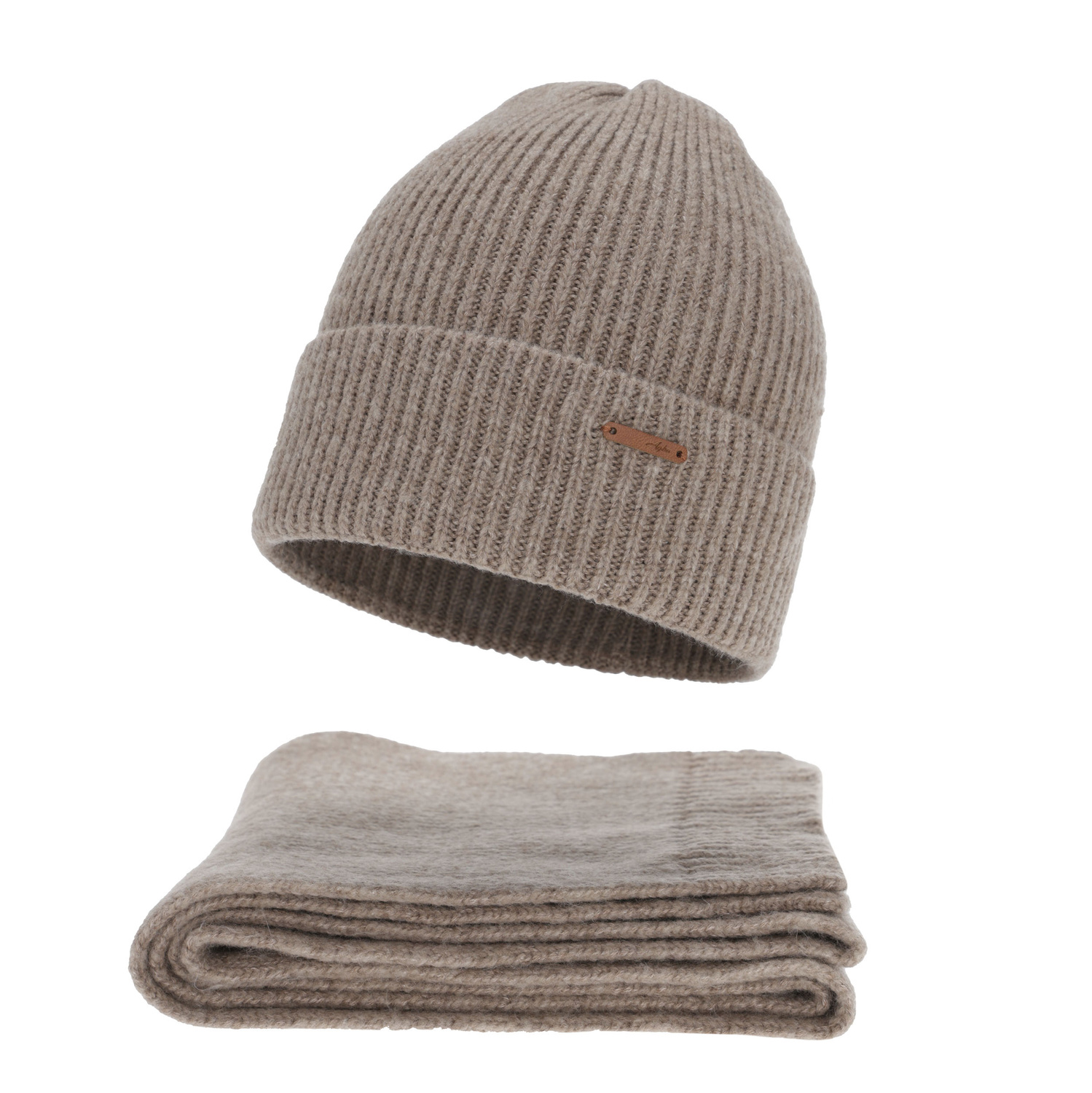 Női téli sapka és sál szett, ciemnobeżowy, merinó gyapjúval, Seala
