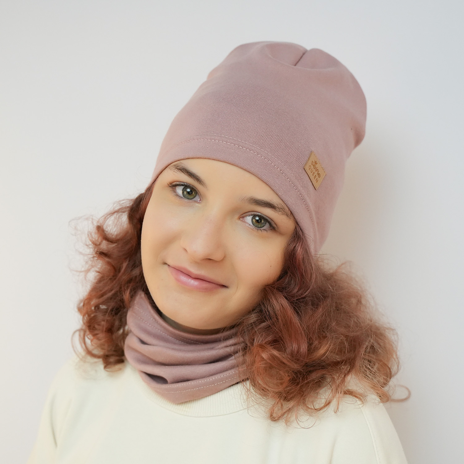 Őszi/tavaszi szett kislányoknak: rózsaszín pamut sapka és csősál Selfie