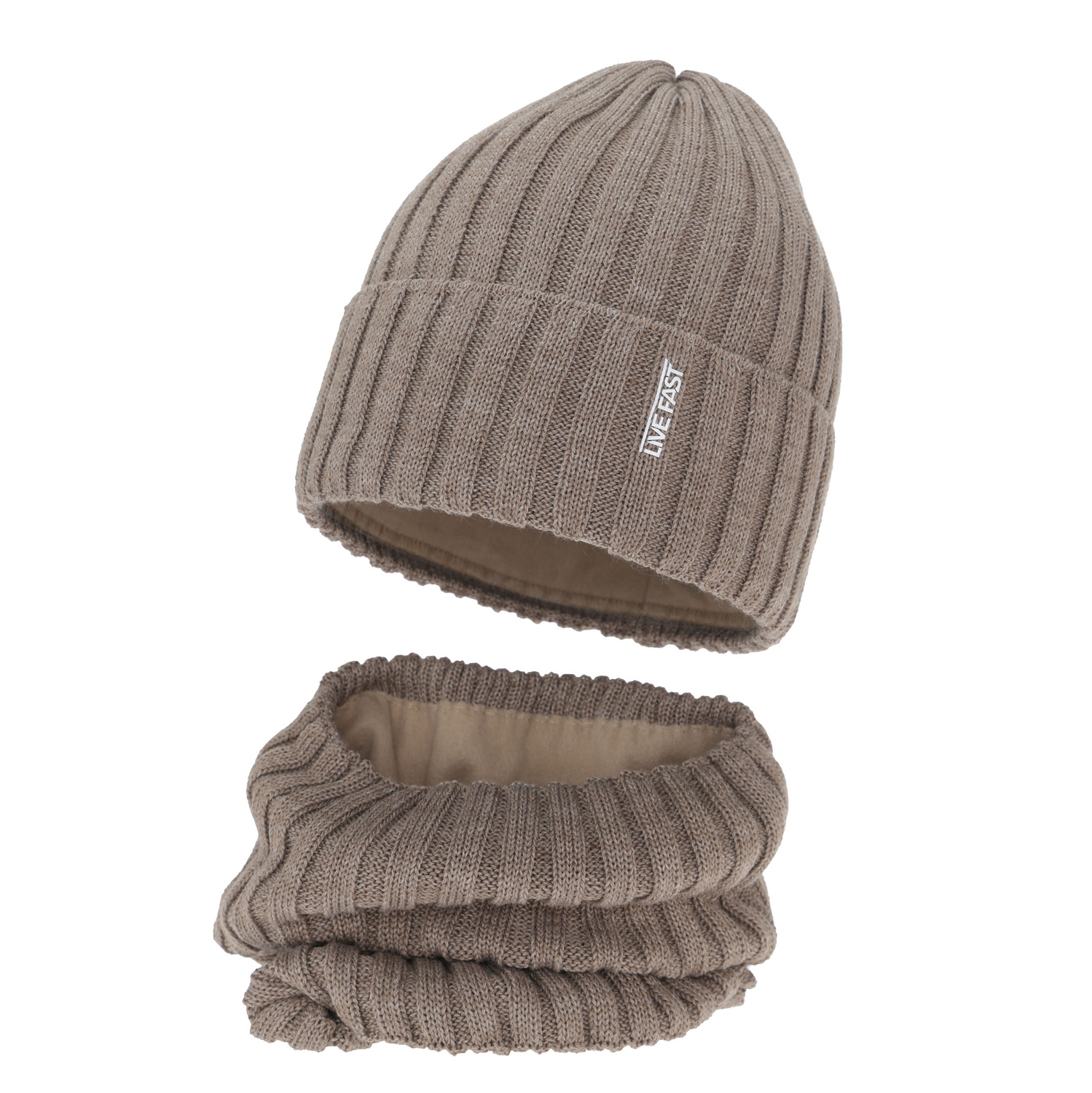 Kisfiú téli sapka és nyakmelegítő szett, bézs, merinó gyapjúval, polárral bélelt, Banasko