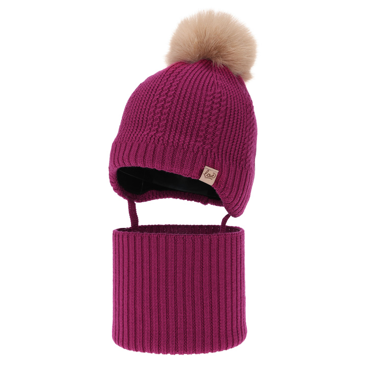Kislány téli sapka és nyakmelegítő szett, amaránt színű, 100% merinó gyapjú, gyapjú polárral bélelt, megkötős Danielle