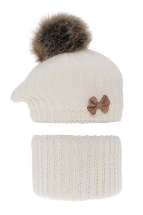 Téli szett kislányoknak: beret és körkendő krémszínű pomponnal Polinezja