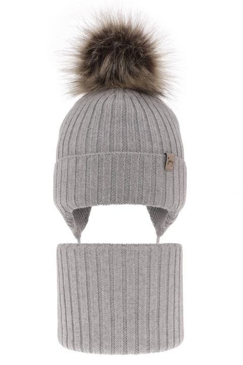 Lányoknak való téli szett: sapka és sál szürke 100% extrafinom merinói gyapjú Junika