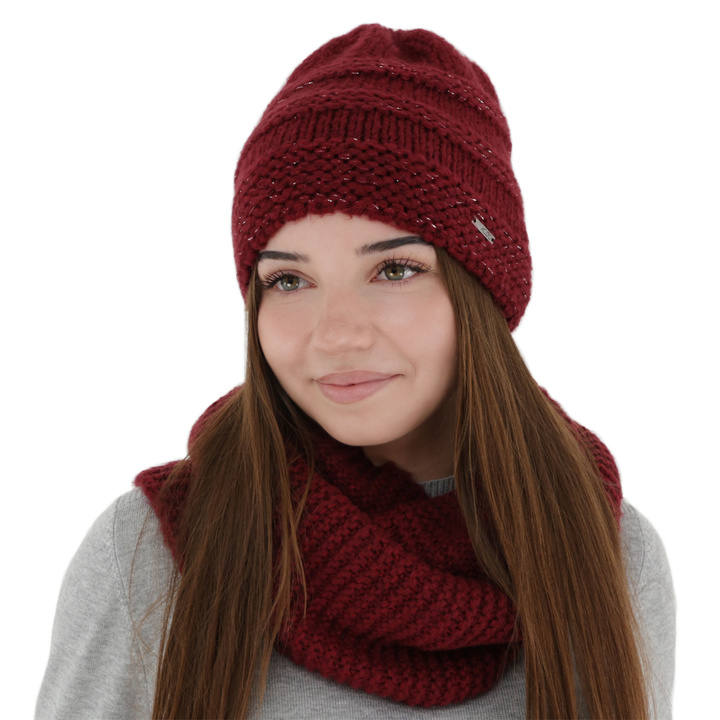 Téli sapka és nyakmelegítő szett, bordó, merinó gyapjúval, Driva