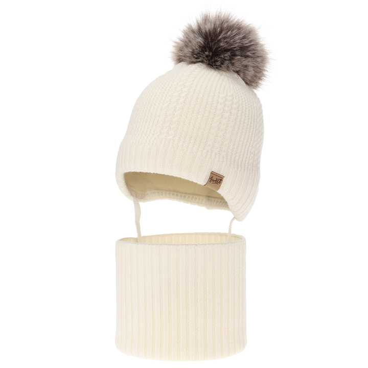 Kisfiú sapka és sál, téli szett, krém, 100% merinó gyapjú, gyapjú polárral bélelt, kötős Danny
