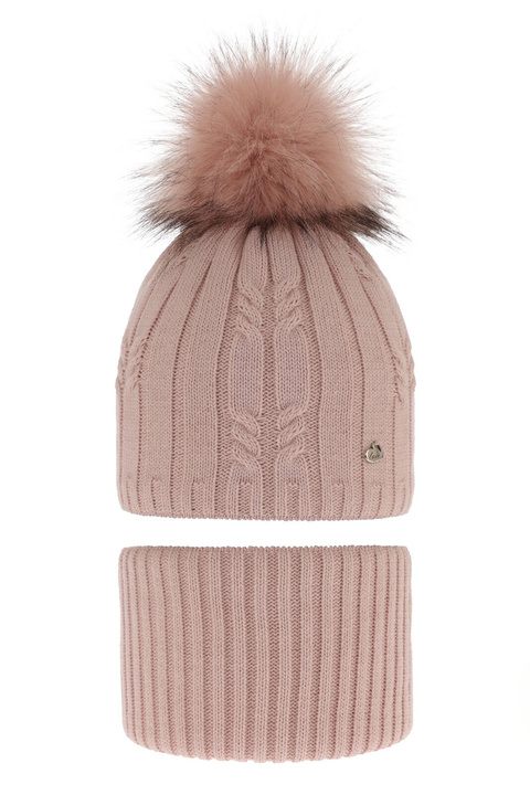 Lányoknak való téli szett: sapka pomponnal és körkendő rózsaszín Amaltea