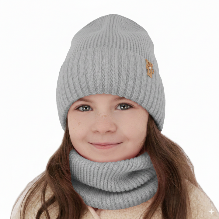 Kalap és kémény lányoknak, téli szett szürke 100% gyapjú extrafine merino Nelita