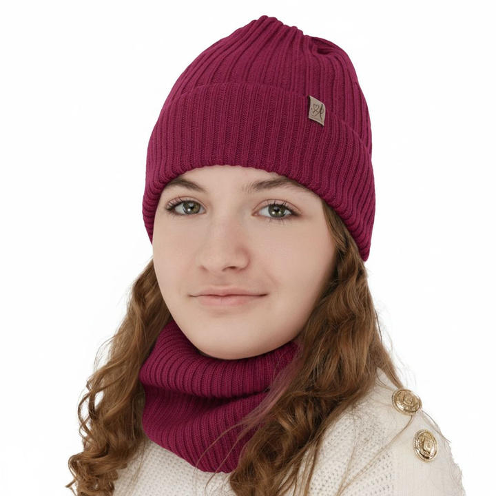 Lányoknak való téli szett: sapka és sál, amarant, 100% merinói gyapjú, Patricia