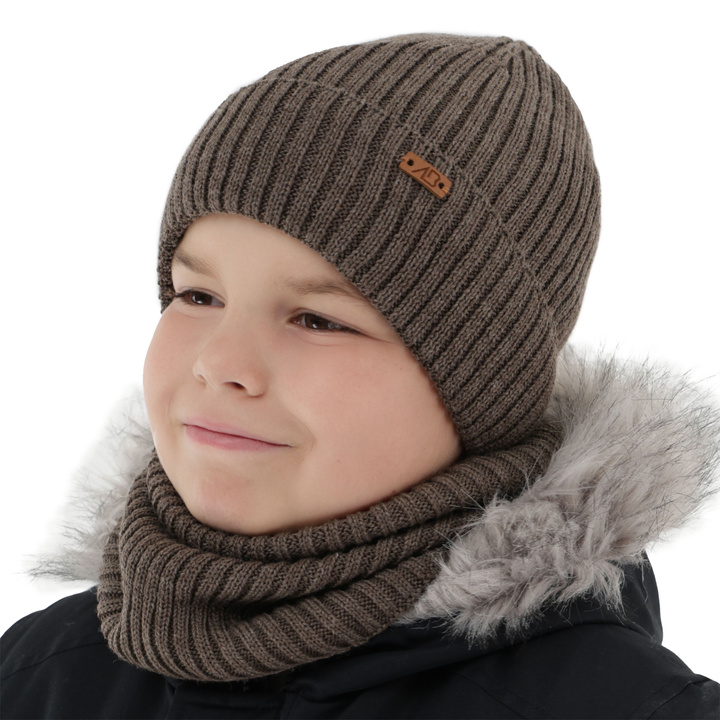 Fiú téli szett: sapka és sál polár béléssel barna merinói gyapjú Palermo