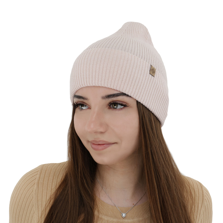 Női tavaszi-őszi sapka, világosrózsaszín, merinó gyapjú kaszmirvával, Alineta