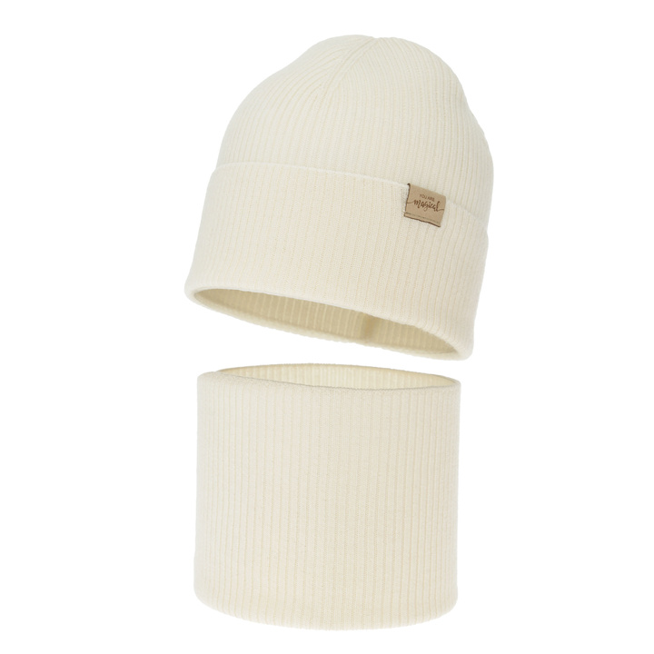 Kislány tavaszi-őszi sapka és nyakmelegítő szett, krémszínű, 100% merinó gyapjú, Magenta