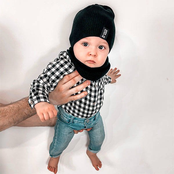 Gyerek szett: sapka és sál őszi/tavaszi, pamuttal, fekete Tunis