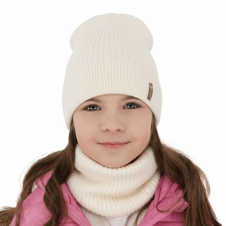 Őszi/tavaszi szett lányoknak: sapka és sál krém 100% gyapjú extrafine merinó Chelsie