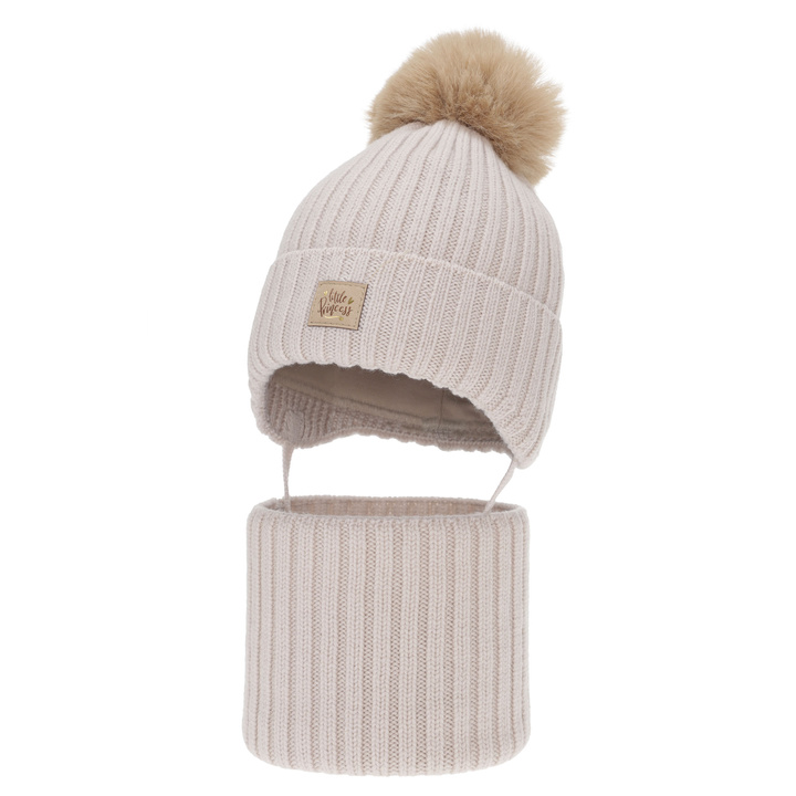 Kislány téli sapka és nyakmelegítő szett, bézs, 100% merinó gyapjú, megkötős, pamuttal bélelt, Malesia