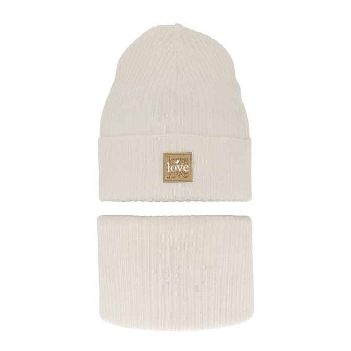 Őszi/tavaszi készlet lányoknak: sapka és nyakmelegítő, pamuttal, krémszínű Furora