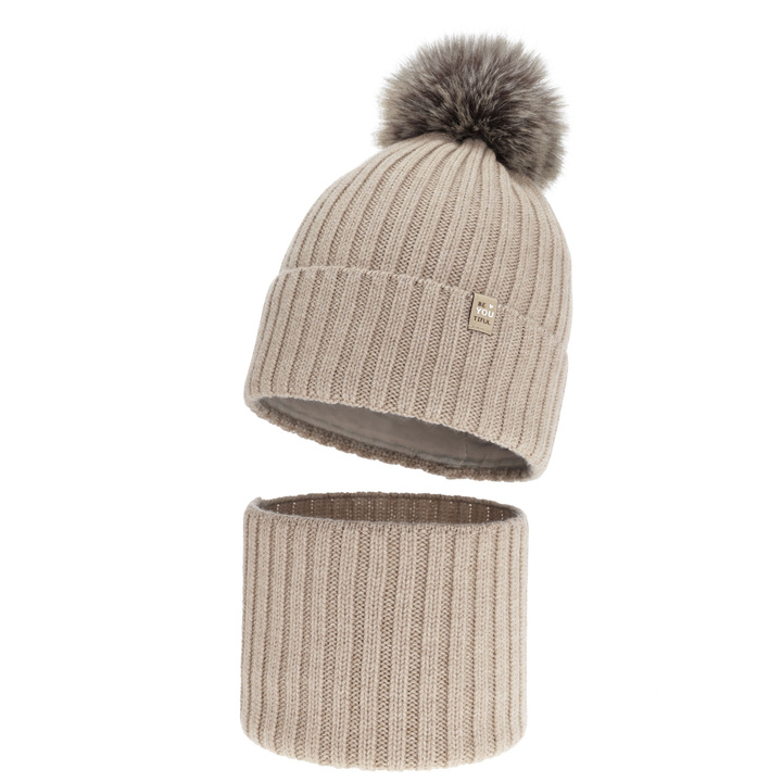 Kislány téli sapka és nyakmelegítő szett, 100% merinó gyapjú, pamuttal bélelt, pomponnal, bézs, Terida