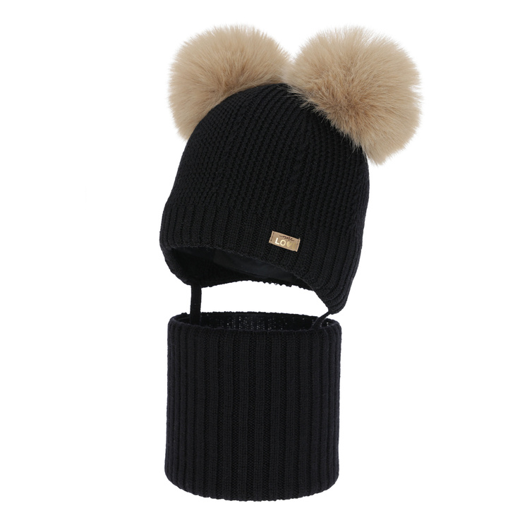 Kislány sapka és sál, téli szett, fekete, 100% merinó gyapjú, gyapjú polárral bélelt, Lumia